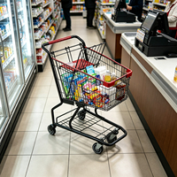 Chariot de courses commercial en métal avec poignée rouge pour supermarché et magasin de détail