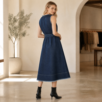 Robe midi pour femme de haute qualité, élégante, sans manches, col rond, nœud à la taille, coupe évasée, style A, robe d'été pour tous les jours