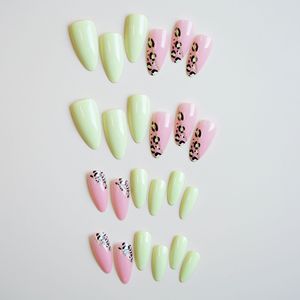 Faux ongles à presser Spring Vibe, forme amande avec imprimé léopard vert néon rose nude et accents dorés, ongles artificiels brillants réutilisables - Product Image 4