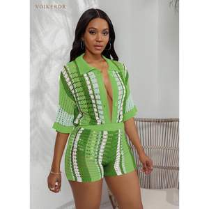 Ensemble deux pièces rayé vert ajouré pour femme 2026, col rond, manches courtes, tenue de plage pour vacances d'été - Product Image 3