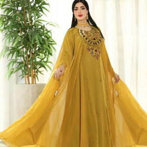 Robe longue traditionnelle pour femmes musulmanes du Ramadan, grande taille, légère, en géorgette perlée, faite à la main, col haut, manches longues, ourlet évasé - Product Image 1