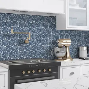 Sunwings ubin mosaik kaca daur ulang | Stok di AS | Marmer segi enam seni biru dongker terlihat mosaik ubin dinding dan lantai