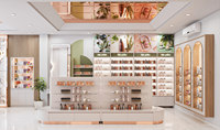 Boutique de maquillage moderne Design d'intérieur îlot double face personnalisé comptoir de boutique de cosmétiques en bois contreplaqué MDF