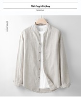 Chemise décontractée homme col mandarin en lin et coton, coupe ajustée, manches longues, style chinois, couleur unie, style fin, printemps/été