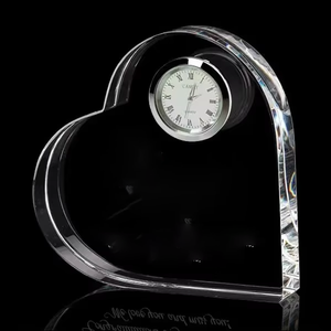 Pujiang Hot Sale Father's Day Mother's Day Gift Valentine Family Memento Glass Desk Clock Crystal Heart Clock for Wedding Gift