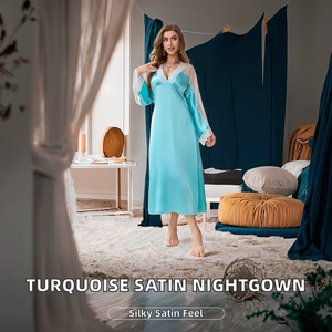 Elegante y Lujosa Camisola Larga de Satén Turquesa con Encaje en las Mangas, Cuello en V Suave, Ideal para Verano y Otoño - Product Image 2