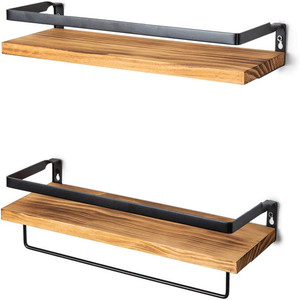 Wall Mounted Solid Wood Floating <b>Shelf</b> With Wrought Iron <b>Bar</b> Kitchen Storage Rack Rectangle Customizable Color And Size - Product Image 3