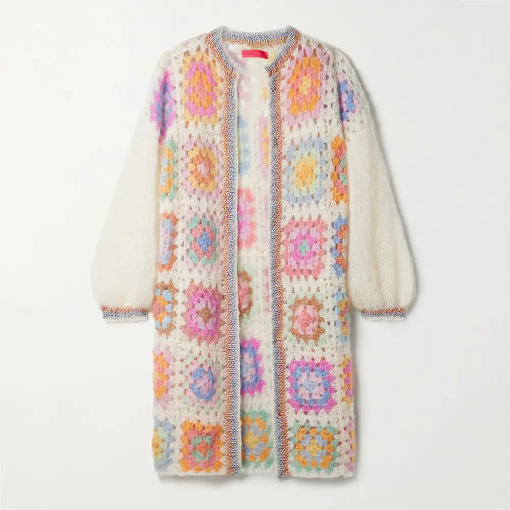 2023 personnalisé élégant mohair cardigan femmes mamie carré crochet floral dames tricots à manches longues luxe femmes Crochet pull