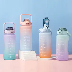 励志渐变彩色运动瓶窄口塑料水瓶带时间标记