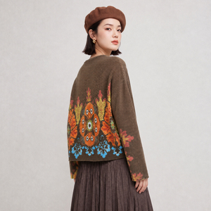 Kadın Sanatsal Çiçek Baskılı Pileli Üst Yuvarlak Yaka Uzun Kollu Yatay Pileli Bluz Zarif Miyake Tarzı Moda Gömlek - Product Image 3