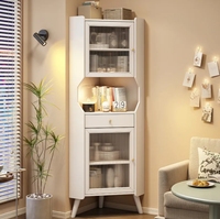 Armoire de rangement d'angle triangulaire rétro en bois massif blanc avec hauteur réglable en verre pour salle à manger/salon, artisanale et élégante