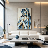Tableau mural minimaliste village côtier bleu canard impasto fait main déco maison hôtel villa