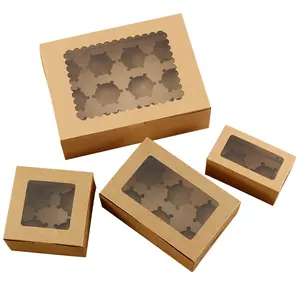 Boîte d'emballage alimentaire en papier kraft fait à la main, 12 pièces, différentes tailles, avec fenêtre en plastique, boîte à gâteaux