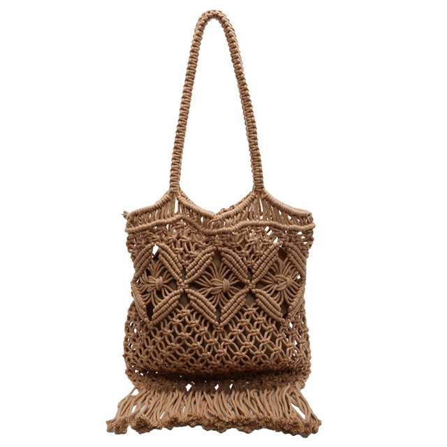 Handmade Macrame Beach Bag Bohemian Tote Bag Summer Vacation Hollow Out Fringe Travel Shopping Beach Crochet Bags