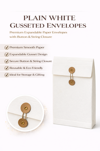 Enveloppes en papier pliées à soufflet blanches unies Fermeture à cordon boutonné Premium Extensibles Imprimées en typographie Marque Conifer pour cadeaux - Product Image 6