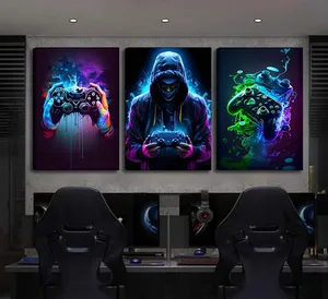 3 cái mát mẻ chơi game tường nghệ thuật Retro Video Trò chơi màu nước Áp phích hình ảnh đầy màu sắc Neon Gamepad vải sơn in - Product Image 4