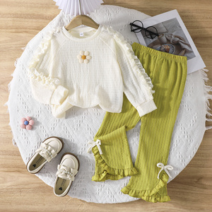Exquisite Two-Piece Set for Girls 4-7 Years Old Autumn <b>Flower</b> Embroidery Ruffle Top Elegant Flared Pants Bow Cute for Children - Product Image 1