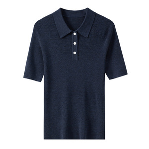 Polo en laine 100% pour femme, personnalisable avec logo OEM & ODM, manches courtes, boutonné, tricoté, haut en laine pour femme, tricotage - Product Image 1
