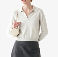 Pull en maille court pour femme, col polo, col en V, manches longues, couleur unie, élégant, décontracté, coupe ajustée, pour le quotidien et le bureau