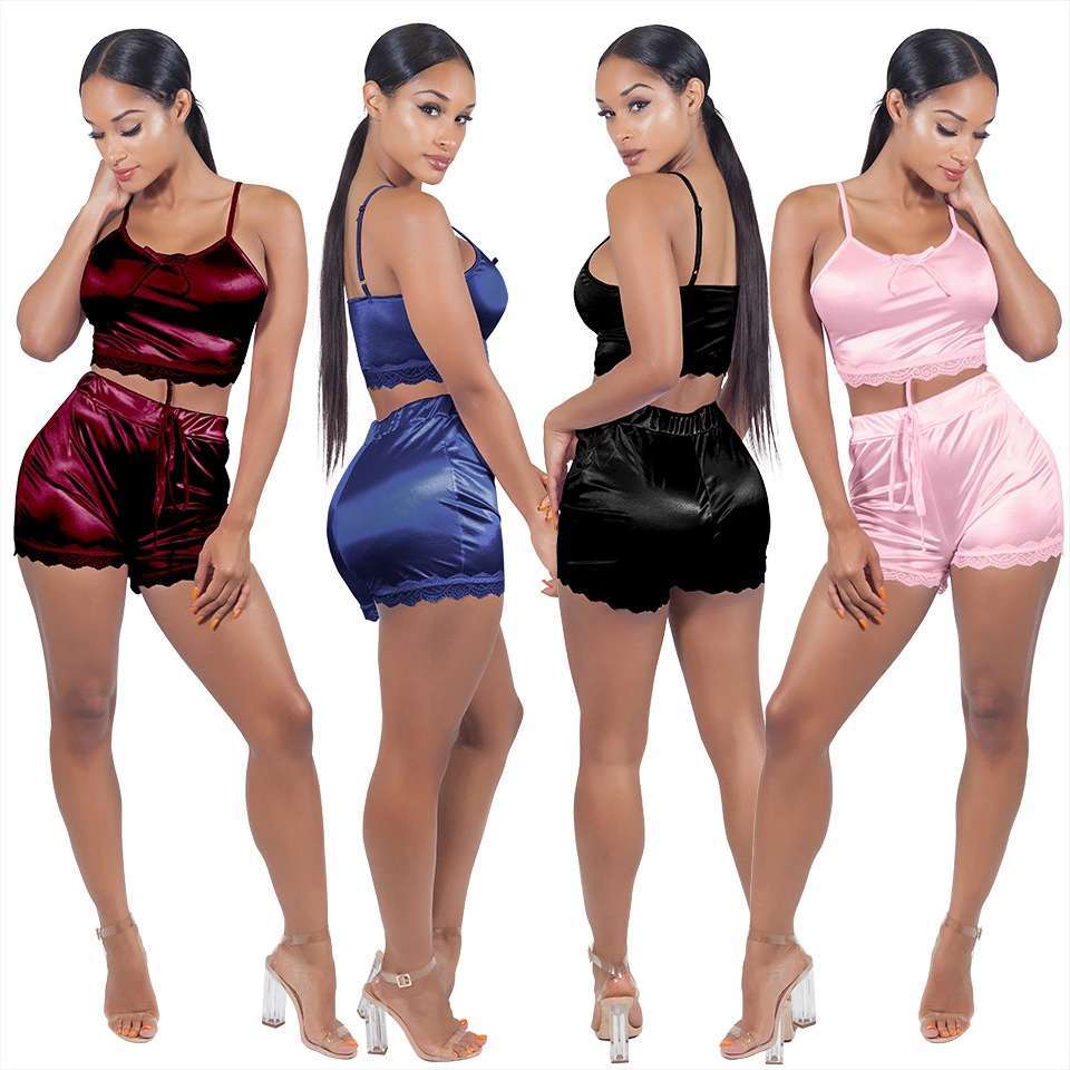 JY7709 summer lace decoration plus size vest crop top and hot shorts two piece women satin short pajama set