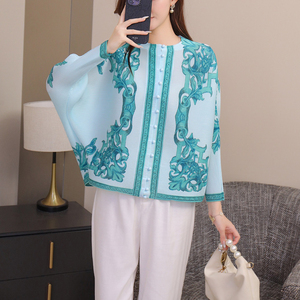 Autunno nuova donna Miyake Cardigan stampato modello retrò manica <span class=keywords><strong>a</strong></span> <span class=keywords><strong>pipistrello</strong></span> monopetto camicette da donna camicette da donna - Product Image 6