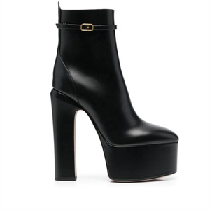 Bottines courtes noires à bout rond pour femme, en cuir véritable, à plateforme, talon bloc haut, avec fermeture éclair, chaudes pour l'hiver - Product Image 4