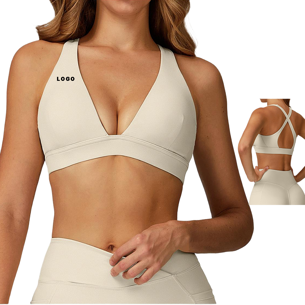 Training Halter Breathable Simple Sports Bra Strappy Cross Back Design V-neckline Women Yoga Workout Crop Tops Custom Fitness