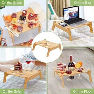 Table de pique-nique pliable en bambou pour le camping en plein air, table carrée en bois pour verres à vin, table de barbecue de plage en bois massif, portable. - Product Image 5