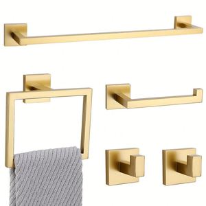 Lot de 5 accessoires de salle de bain en acier inoxydable doré, porte-serviettes mural de luxe pour salle de bain - Product Image 1