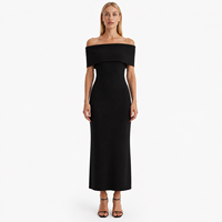 Robe en tricot fin noir pour femme, épaules dénudées, manches courtes, mi-longue, commande personnalisée, vente en gros