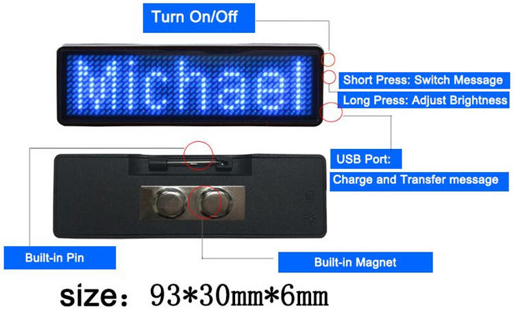 Multilingue Défilement Recharge Led balise A Mené L'insigne De Nom