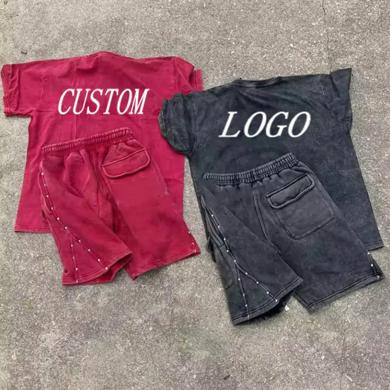Custom Summer Casual Acid Wash T-Shirts And Cargo Sweatsuit Tracksuit Vintage Applique Embroidered Shirt And Shorts Set For Men