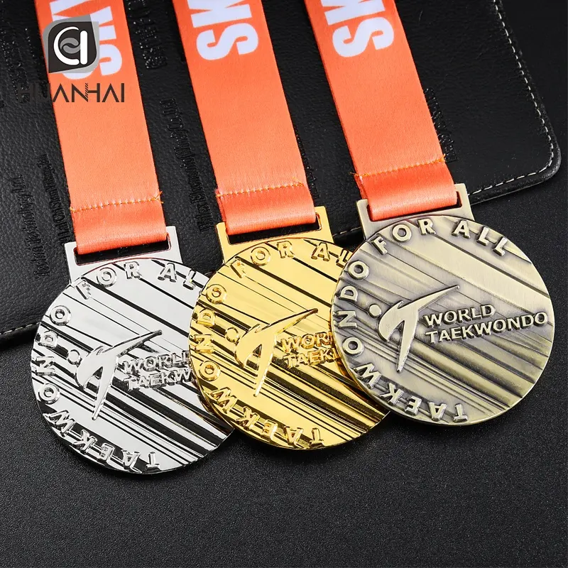 Medalla de metal personalizada de taekwondo, logo en relieve 3D de oro, plata y bronce