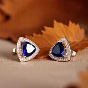 14K Gold Trillion Cut <b>Blue</b> Sapphire Natural Stone Halo <b>Stud</b> <b>Earrings</b> | Luxury Handmade Fine Jewelry | Trendy Party Gift Women's - Product Image 2