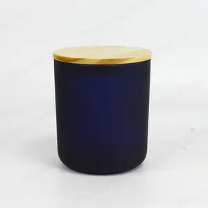 Vaso de vidro vazio de 15oz, recipiente azul marinho de vela com tampa de madeira para fazer velas