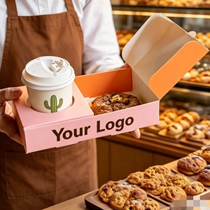 Emballage de café tout-en-un : Boîte à pâtisserie personnalisée avec logo ou gobelets en papier avec support à café intégré pour pâtisseries et boissons - Product Image 2