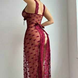 Nouvelle <span class=keywords><strong>nuisette</strong></span> <span class=keywords><strong>longue</strong></span> à fente haute, en maille à motif cœur, tenue de boudoir érotique et sensuelle, transparente, <span class=keywords><strong>dos</strong></span> <span class=keywords><strong>nu</strong></span>, <span class=keywords><strong>nuisette</strong></span> ouverte, très tendance - Product Image 2