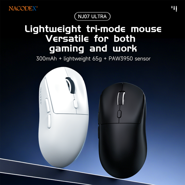 Ajazz NJ07 Ultra Mouse: 65-gram PAW3950 Tri-Mode Wireless Gaming Mouse 1K Polling Rate, 42K DPI, 300 MA Battery