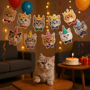 Décorations rêveuses, bannière d'anniversaire amusante avec visages de chats, guirlande de décoration de fête pour la célébration des chats, 2 couleurs numériques - Product Image 2