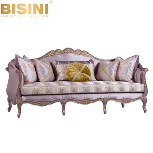BISINI Luxury Classical Elegant Wooden Three Seat Sofa Sets, Purple Fabric Sofa Furniture Design