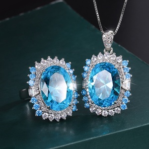 Dainty Eco-friendly Copper Gold 13*18MM <b>Blue</b> Zircon High Quality Floral <b>Necklace</b> Earrings Ring Set Wedding Flower Jewelry Women - Product Image 1