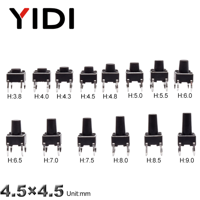 Micro 4.5X4.5 4 Pin Momentary Tact Switch Push Button Reset On-Off Vertical Dip 4 5 6 7 8 9mm Height Panel Tactile Switch