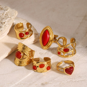 Elegant Red Agate <b>Ring</b> <b>Set</b> <b>Gold</b> Tone Geometric Heart Oval Open Face Unisex Party Jewelry - Product Image 2