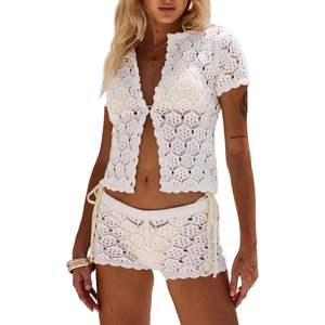 Custom 2026 <b>Women's</b> Crochet Hollow Out 2 Piece Set V Neck <b>Short</b> <b>Sleeve</b> <b>Shirt</b> And <b>Shorts</b> Beachwear Summer Vacation Outfit - Product Image 4