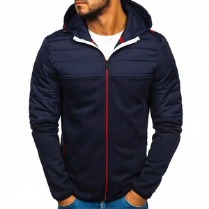 Men's Navy Blue Hooded <b>Zipper</b> <b>Jacket</b> Regular Fit Windproof Casual Solid Color Worsted Eco-Friendly Fleece Outerwear Autumn Wear - Product Image 1
