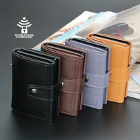 Pemegang kartu kredit pemblokir RFID bisnis dompet pria PU casing logam aluminium lipat tiga tempat kartu Bank