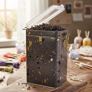 Kontensan ER0438G Terrazzo Brown 75x100x150mm Metal Storage Tin with <b>Wire</b> Clasp and Transparent Lid for <b>Craft</b> Supplies - Product Image 3
