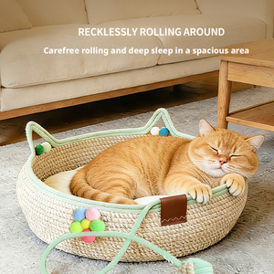Cuccia per Cani e Gatti in Bambù e Fibra Intrecciata a Mano con <span class=keywords><strong>Tiragraffi</strong></span> e Palla Gioco, Cesto Lavabile per Tutte le Stagioni, per Animali Domestici da Interno - Product Image 3