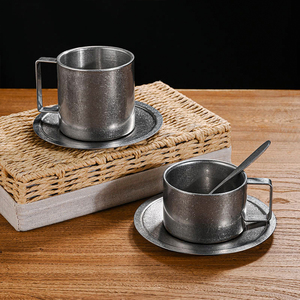 Tasse à café vintage givrée en métal 180-280 ml, ensemble de tasses à cappuccino, expresso et thé en acier inoxydable SS304 avec assiette et cuillère - Product Image 2