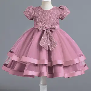Toptan çocuk giyim örgü tül pullu dekorasyon kek degrade kızlar prenses tarzı kız elbise yüksek kaliteli çocuk elbise